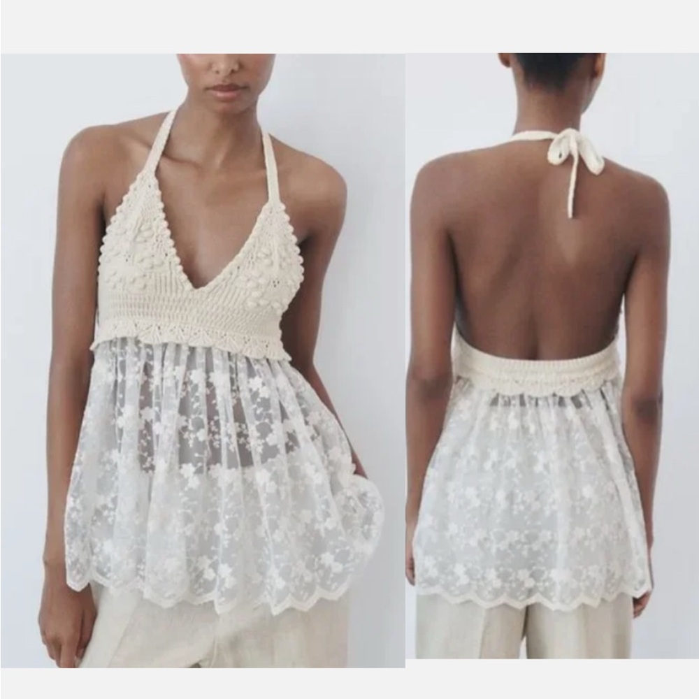 Zara Crochet and Lace Halter Top - Size S